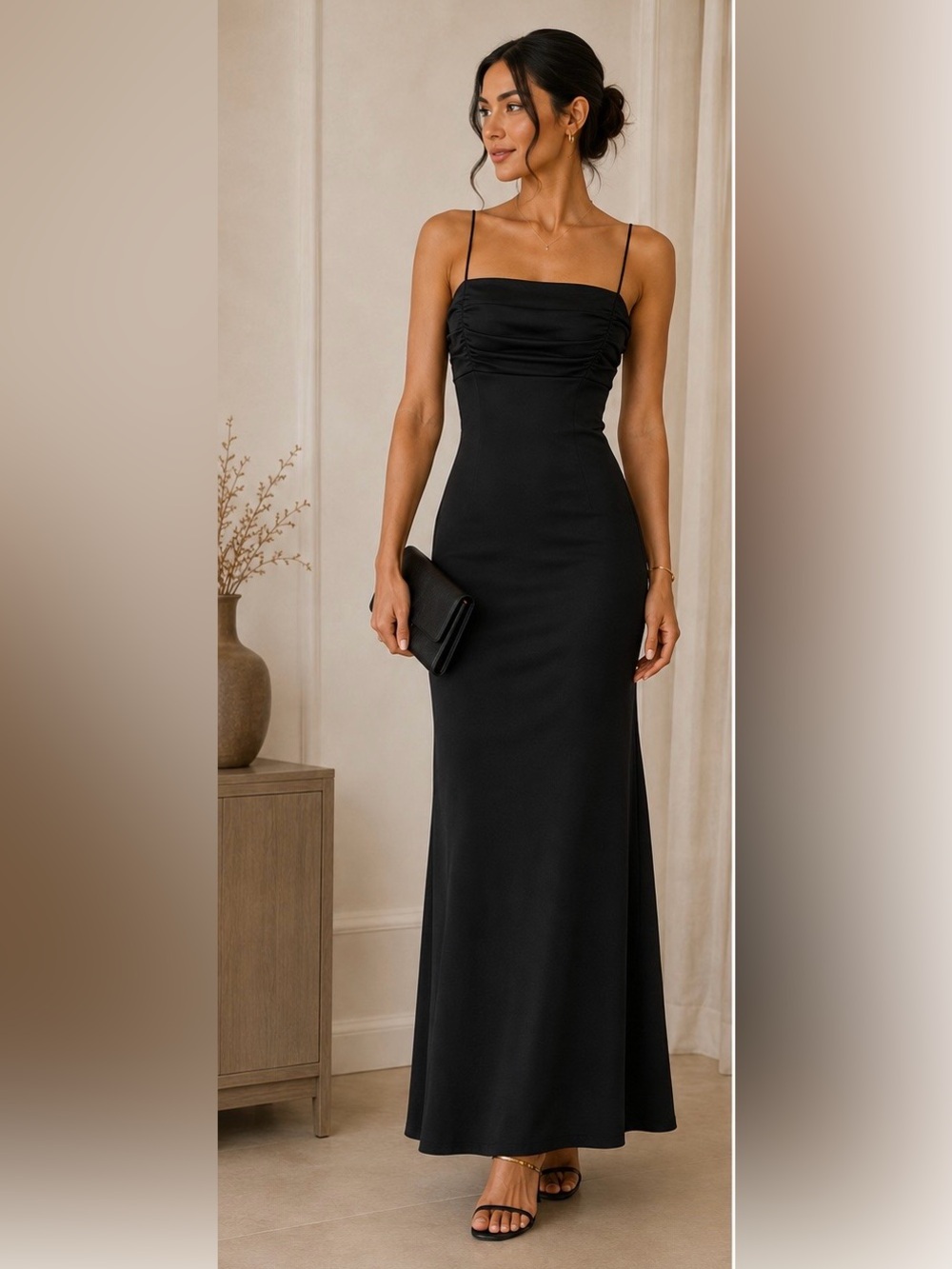 Black Spaghetti-Strap Evening Dress with Strappy Back Detailing